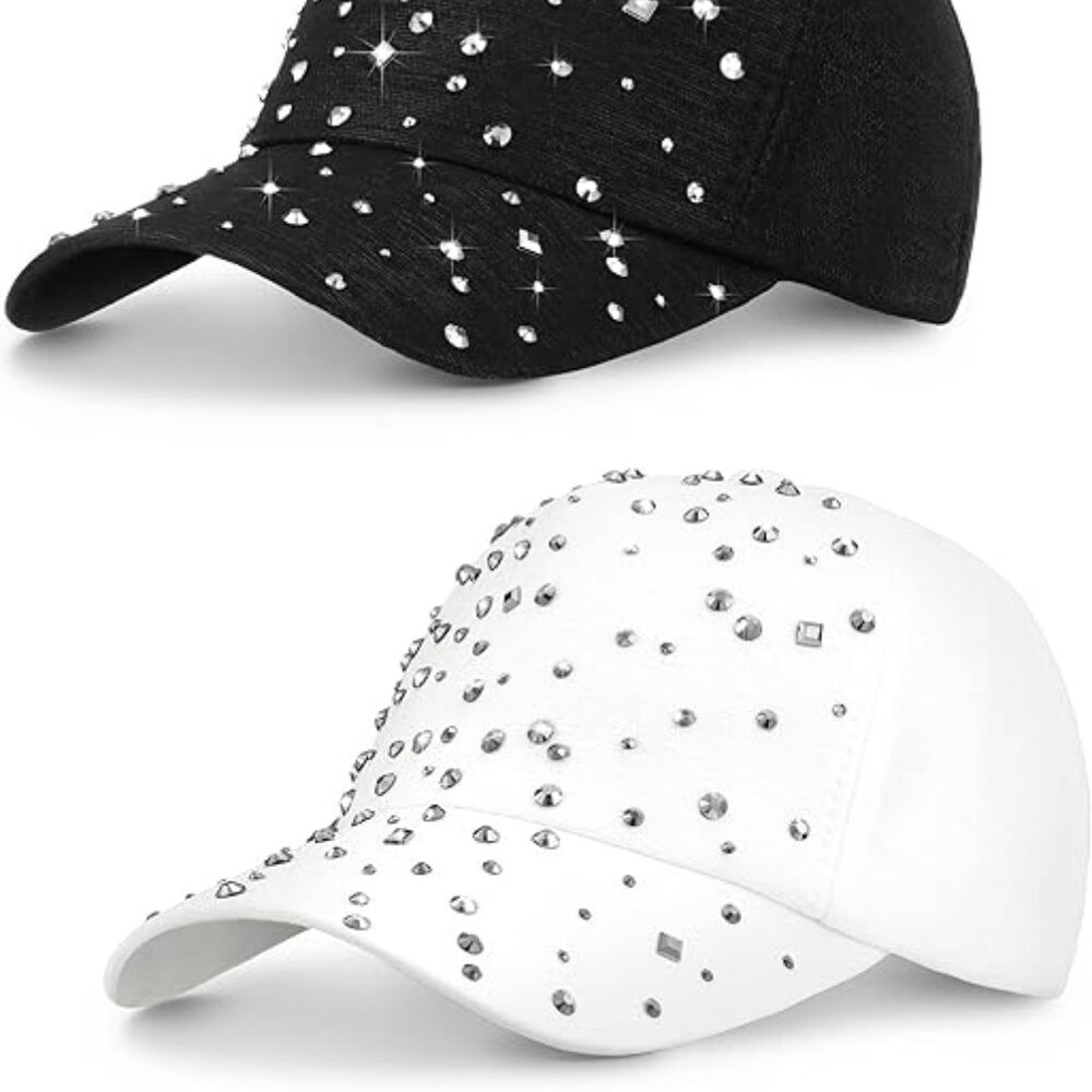 2‎ Women's Bling Baseball Caps one Black one White Lots of Rhinestones !!